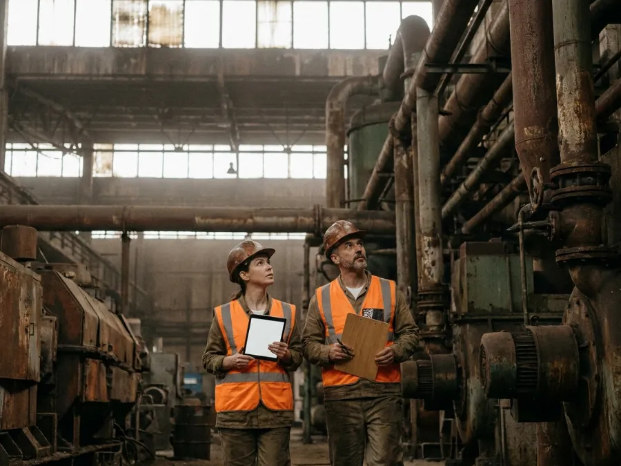 Two inspectors in hard hats walking an aging plant floor with a tablet and clipboard